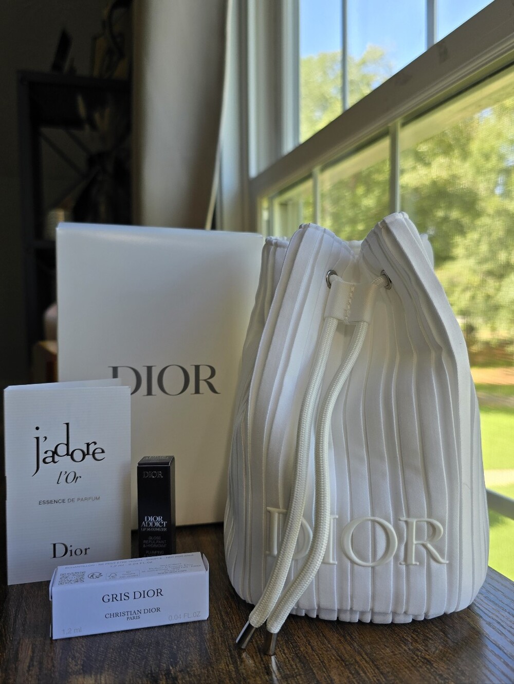 Dior 4-Piece Bundle: Drawstring Bag, Dior Addict Lip Maximizer & 2-Perfume Sampl